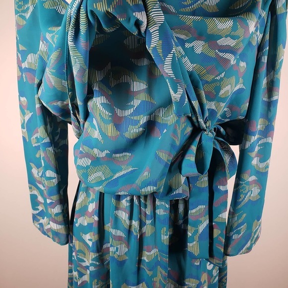 Vintage March I California Floral Midi Dress 12 6 Teal Drape Side Tie - Picture 5 of 10